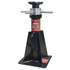 This extra-heavy-duty jack stand has a 20-ton load capacity with a square steel base and rectangular saddle. Minimum height is 26 inches, maximum extended height is 46 inches. Screw adjustment allows precise height setting. Used for supporting heavy equipment, machinery, and vehicles during maintenance or repair.