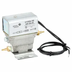 3-way air switching valve with die cast aluminum body. Operates at 208V AC, 50/60 Hz, with maximum operating pressure of 30 psi. Used in pneumatic control systems to direct or block airflow.