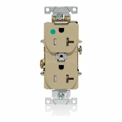 This LEVITON duplex receptacle is rated 125V AC and 20A with a NEMA 5-20R configuration, 2-pole/3-wire grounding, and an ivory finish. It is suitable for general-purpose power distribution in commercial and institutional environments where a 20A, 125V outlet is required.