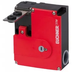 Key-actuated safety-interlock switch with 2NC contact configuration. Features front key hole location and hinge-type actuating key. Used to monitor movable guards on industrial machinery, preventing operation when guard is open.