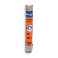 Class RK1 time-delay cylindrical fuse from the A6D Series, rated 150 mA at 600 V AC and 600 V DC. Non-indicating design. Provides overcurrent protection in industrial circuits such as motor starters, transformers, and control panels where high inrush currents are present.