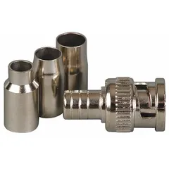 Male BNC connector with silver finish and nickel-plated construction. Crimp-on termination for coaxial cables. Rated for frequencies up to 4 GHz. Suitable for RF and video applications in telecommunications, broadcast, and test equipment. Sold in a pack of 10.