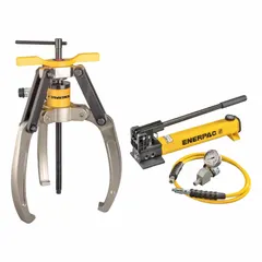 Hydraulic puller set comprising a 24 ton nominal capacity hollow plunger cylinder with a 2 in stroke length and a hand pump. Used for extracting press-fit components such as bearings, gears, and pulleys in industrial maintenance and repair applications.