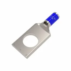Copper one-hole compression lug for terminating 6 AWG stranded copper wire. Features a 1/2 in stud size. Used in electrical connections for power distribution, panel building, and grounding systems.