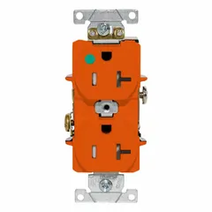 General purpose duplex receptacle rated 125V AC and 20 A with NEMA 5-20R configuration. Orange housing. Suitable for use in commercial and institutional power distribution applications.