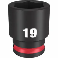 This 3/8" drive impact socket features a 19 mm metric, 6-point design for use with impact wrenches. It is suitable for fastening and loosening hex fasteners in automotive, industrial, and maintenance applications.