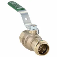 This two-piece bronze ball valve features a straight pattern with Press x FNPT connections and a locking lever handle. It is used for flow control in commercial and industrial piping systems, including water, HVAC, and process applications
