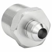 This rigid, straight steel adapter connects NPTF and JIC threaded components in fluid-power systems. It features male NPTF on one end and male JIC on the other, with a 1 in x 1/2 in fitting size. Use to join pipes or hoses requiring leak-resistant sealing in hydraulic and pneumatic applications