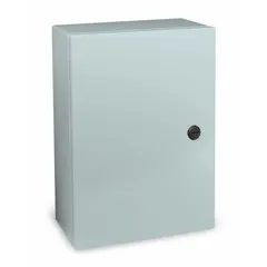 This steel enclosure measures 30 x 24 x 12 inches and is rated NEMA 12/13/3R/4, suitable for protecting electrical controls and instruments in indoor or outdoor environments requiring resistance to dust, water, and corrosion. It features a solid hinged cover secured with a 1/4-turn latch and does not include knockouts.