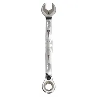 This SAE spline ratcheting combination wrench features a 5/8 in head size and an overall length of 8 3/8 in. Constructed from alloy steel with a nickel chrome finish, the offset design provides clearance for fasteners in recessed or confined areas. The ratcheting mechanism allows continuous turning without repositioning, suitable for tightening and loosening fasteners in mechanical and industrial settings