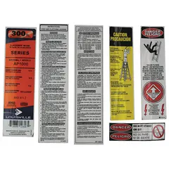 Replacement label kit for Louisville Ladder models AP1016 and compatible units. Restores safety and identification markings on ladders, supporting workplace labeling requirements.