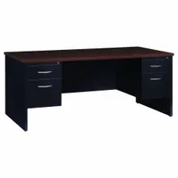 This HIRSH rectangular office desk features a walnut particle-board desktop and a black steel frame. It includes two pedestals with four drawers and a modesty panel. The desk is 72 inches wide and is supplied as a kit. Suitable for office workstations or home-office environments