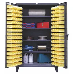 Steel cabinet with gray baked enamel finish, assembled, includes 144 yellow bins (3 in x 4-1/8 in x 7-3/8 in each) and four shelves. Panel is 12 ga. Used for organized storage of small parts, tools, and components in industrial workshops, warehouses, and maintenance facilities.