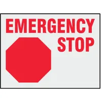 These emergency stop signs are adhesive-mounted labels intended for marking emergency stop locations on equipment or panels. The 8-pack includes signs that are not retroreflective and do not glow in the dark, suitable for direct application in industrial environments