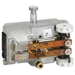 Pneumatic dual-temperature thermostat for day/night operation with direct-acting control: 15 psig during day and 20 psig at night. Temperature range 55° to 85°F. Two-pipe high-volume air flow design. Horizontal mounting, cover not included. Suitable for commercial HVAC zoning applications requiring separate day and night setpoints.