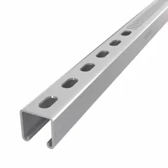 This perforated-slot strut channel is fabricated from steel with a pre-galvanized zinc finish in gray. It features a 12 ga gauge and narrow slotted design with 8 mm slot spacing, allowing flexible attachment of fittings and hardware for supporting mechanical, electrical, and plumbing systems.