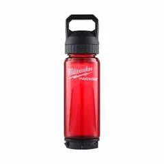 This red plastic water bottle has a 25 oz capacity and is made from BPA-free material. It measures 11-1/4 inches in height and 3-1/8 inches in diameter, fitting standard cup holders. Suitable for hydration on job sites and in industrial environments.