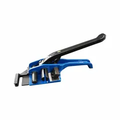 This manual tool tensions and seals poly cord strapping. It weighs 5.07 lb and accommodates strap widths from 3/4 in to 1-1/2 in. The tool is designed for use with round seal surfaces, suitable for securing loads in packaging and shipping operations.
