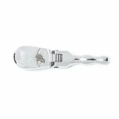 This 5-inch reversible flex-head ratchet features a full polish chrome finish and a 4° minimum arc swing. Its compact stubby length and pear-head design allow access in confined spaces for tightening or loosening fasteners. Suitable for automotive, machinery, and industrial applications where clearance is limited.