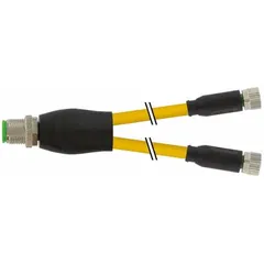 Y-distributor cordset with one M12 male straight connector and two M8 female straight connectors. Features a yellow PUR jacket, IP67 rating, and 0.25 sq mm wire size. Suitable for signal or power distribution in industrial automation applications requiring resistance to twisting and flexing.