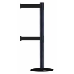 This retractable belt post barrier features a black metal alloy post and a 7 1/2 ft black belt with no legend. The cast iron base provides stability for use in crowd control and access restriction applications such as lobbies, warehouses, and event areas.