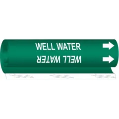 Green wrap-around pipe marker with white legend reading 'Well Water' and directional arrows. Fits pipe outer diameters from 1/2 to 1-3/8 inches. Supplied as a single marker. Used to identify pipes carrying well water in industrial and facility piping systems.