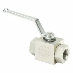Two-way hydraulic ball valve with 1 in SAE O-Ring Boss port connection. Features a Delrin ball seal and fluorocarbon shaft seal. Handle length is 6.73 in and is not lockable. Suitable for on/off flow control in hydraulic systems.