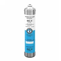 This HOSHIZAKI quick-connect water filter uses carbon media to reduce dirt. It is designed for use with ice machines and refrigerators in commercial or residential settings. The filter features a 0.5 micron rating and a flow rate of 1.7 gpm, with an overall height of 14 1/2 inches