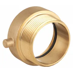 This brass rigid adapter connects 1-1/2 in NPT pipe to 1-1/2 in NH fire hose threads. Straight configuration with pin lug design. Used in fire protection systems, standpipes, and hydrants for hose connections.