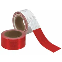 Red/white reflective marking tape, 2 inches wide by 53 feet long, with acrylic adhesive. Used for vehicle conspicuity marking to improve visibility in low-light conditions. Suitable for application on trucks, trailers, and emergency vehicles