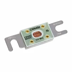 Bolt-on, fast-acting fuse rated 400 A and 80 V DC with indicating feature for AC/DC circuits. Suitable for overcurrent protection in industrial power distribution, control panels, and DC drives. Equivalent to ANN and CNN series.