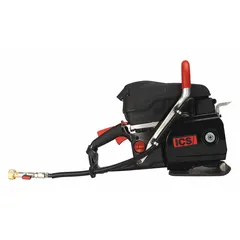 Gas-powered concrete chain saw with a 16 in bar length, delivering 6.4 horsepower at 9300 +/- 150 RPM. Features a two-stroke, air-cooled engine requiring a 50:1 gas/oil mix. Used for cutting reinforced concrete, masonry, and stone in construction and demolition applications.