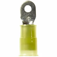 Nylon-insulated ring terminal for 12 AWG to 10 AWG wire, with a #4 stud size and 1000 V rating. The ring shape allows secure connection to a stud or bolt, held by a nut. Suitable for power distribution and control wiring in electrical systems.