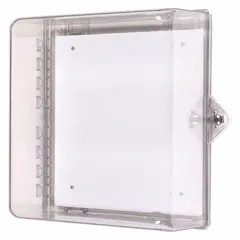 Clear polycarbonate wall fixture guard for indoor use with remote annunciators. Surface-mount design with 361 mm overall depth. Includes mounting hardware for secure installation. Helps protect device against vandalism and accidental damage.