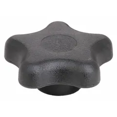 This 5-arm knob features a 1.3 in diameter, plastic construction with a steel thread insert, and a 1/4"-20 thread size. It is designed for manual adjustment and clamping on industrial machinery, jigs, and fixtures, providing a secure grip for frequent hand-tightening applications.