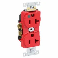 Specification grade, hospital grade duplex receptacle with isolated ground. Rated 125V AC, 20A, NEMA 5-20R, 2-pole/3-wire. Red housing for identification in critical power circuits. Suitable for use in healthcare facilities, laboratories, and other environments requiring reliable grounding and compliance with Federal Specifications.