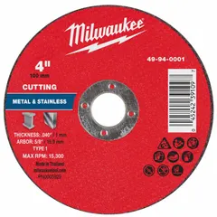 This Type 1 cut-off wheel is designed for general purpose cutting of carbon and stainless steel. It features 60 grit aluminum oxide and measures 4 inches in diameter with a 0.04 inch thickness and a 5/8 inch arbor. Suitable for metal fabrication, maintenance, and repair tasks.