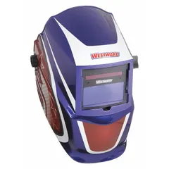 Auto-darkening welding helmet with nylon shell and blue/red/white graphics. Features two arc sensors, analog ADF controls, W9-13 shade range, grind mode, and ratchet suspension. Viewing area 3.82 in x 1.73 in. Suitable for arc welding, grinding, and cutting applications.