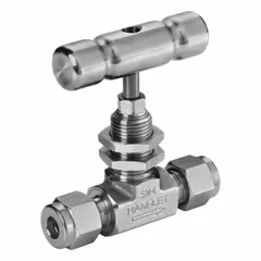 This 316 stainless steel straight-body needle valve from the H300U series features an integral bonnet and a regulating stem for precise flow control of liquid media. It is equipped with Let-Lok x Let-Lok connections and complies with ISO 2006(E) standards. Typical applications include flow regulation in industrial instrumentation and process systems.