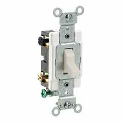 4-way toggle wall switch for controlling a load from three or more locations. Rated 20 A at 120/277V AC, maintained action, non-illuminated, with a Light Almond finish. Suitable for multi-location switching in hallways, staircases, and large rooms.