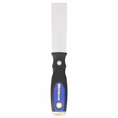 This standard scraper features a stiff carbon steel blade for applying and smoothing putty, filler, or spackle. The handle is constructed from plastic, rubber, and steel with a hammer end for light prying tasks. Overall length is 9 inches.