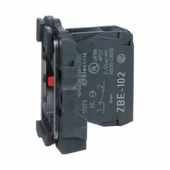 Momentary contact block with one normally closed (NC) contact. Features screw clamp terminals for secure wiring. Designed for 22 mm panel mounting and compatible with ZB5 series control stations. Used in pushbutton enclosures, selector switches, and pilot devices for industrial signaling and switching applications.