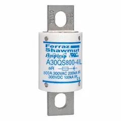 Very-fast-acting bolt-on square fuse from the A30QS series, rated 600 A at 300 V AC and 300 V DC. Features an indicating function for visual blown-fuse detection. Suitable for overcurrent protection in industrial power supplies and DC drives.