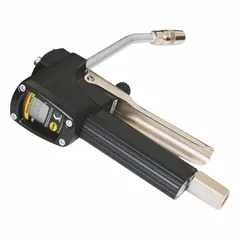 This digital metered manual dispense gun is designed for precise application of NLGI Grade 2 grease. It features a stainless steel spout and nozzle body with a rigid nozzle extension and NPT connection. The pressure-activated unit delivers a maximum flow rate of 36 oz/min, suitable for industrial maintenance and lubrication tasks.
