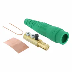 This male plug from the 18 Series features double set screw terminations for secure high-current connections. Rated 300 A and 600V AC/600V DC, it is suitable for industrial power distribution and heavy equipment applications. The green housing provides visual identification.