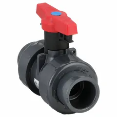 This SPEARS manual two-way ball valve is made of PVC with a straight body and Socket x FNPT connections. Rated for 235 psi CWP, it is used to control fluid flow in industrial piping systems for water, chemical, and air applications.
