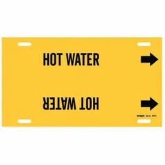 Yellow strap-on pipe marker with black legend reading 'Hot Water' and directional arrows. Fits pipe outer diameters of 10 to 15 inches. Used to identify hot water lines in piping systems, aiding in compliance with pipe-labeling standards.