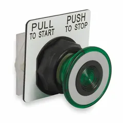 This 30 mm mushroom-head push-button operator from the SCHNEIDER 9001SK series features a non-metallic construction and maintained action. The green operator is designed for industrial control panel applications where a sustained contact state is required, such as start or stop circuits.