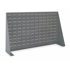 This benchtop louvered rack measures 20 x 36 x 8 inches and features louvered panels on one side. It has a gray powder-coated finish. Designed for mounting bins and accessories, it is suitable for organizing small parts in industrial workstations, assembly lines, and maintenance shops.