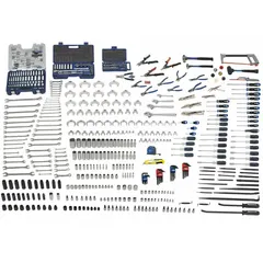This 449-piece tool-only set includes locking pliers, hex keys, drive tools, and open-end wrenches. Socket drive sizes are 1/4 in, 3/8 in, and 1/2 in, with both Metric and SAE sizing. Suitable for fastening and loosening bolts in maintenance and repair tasks.